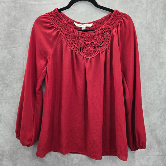 Max Studio Red Lace Long Sleeve Boho Smock Retro Western Blouse Top Shirt XS
