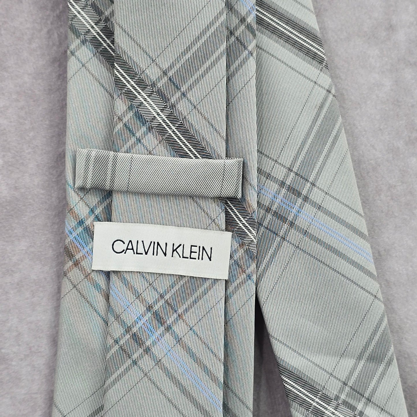 Calvin Klein Grey Striped Plaid Tartan Executive Polyester Silk Neck Tie Men's