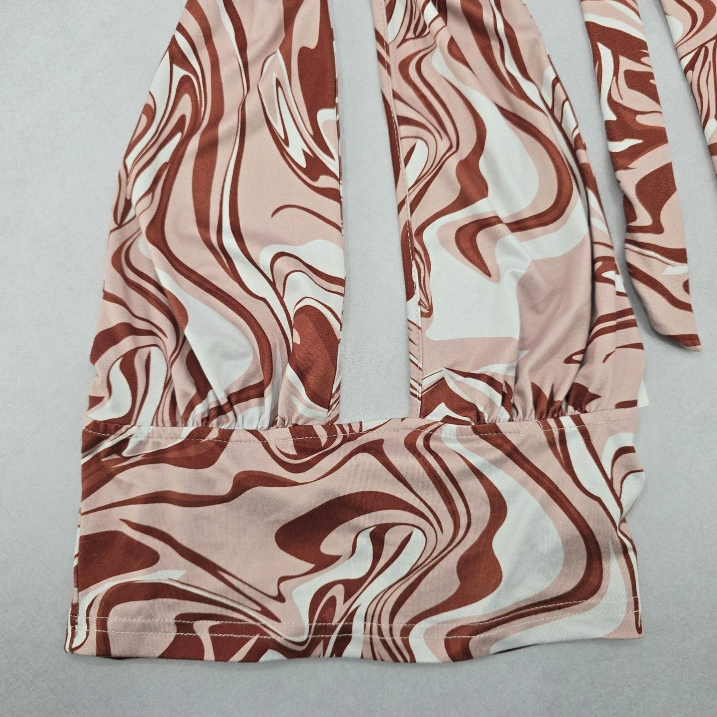 Brown Swirl Beach Boho Halter Tie Crop Short Bikini Bralette Swim Top S Small