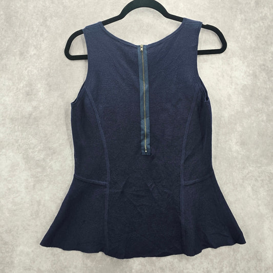 Eileen Fisher Navy Blue Sleeveless Flare Zip Up Cotton Silk Blouse Top S Small