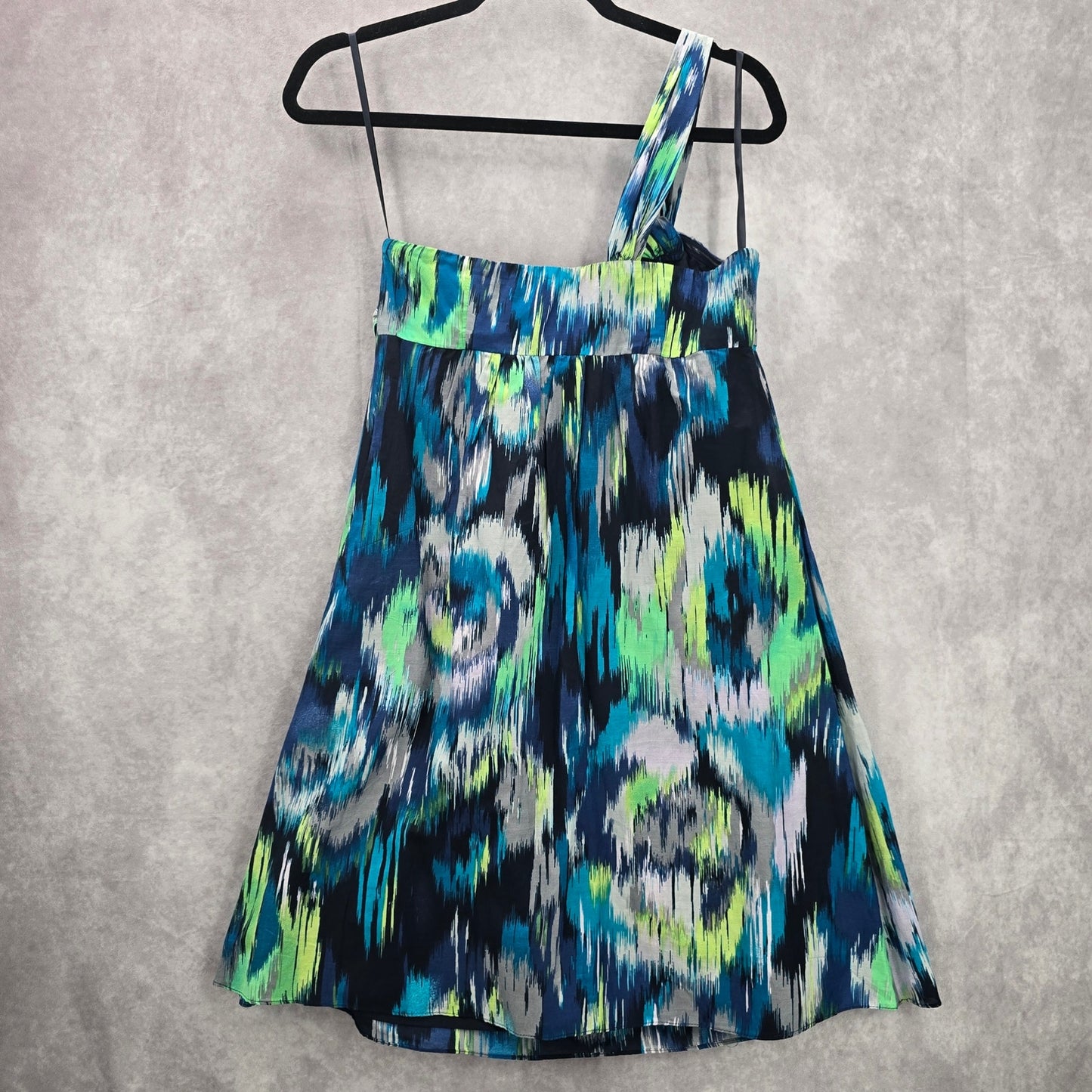 Ann Taylor Blue Green Thick One Shoulder Mini Midi Flare Abstract Dress XS 2