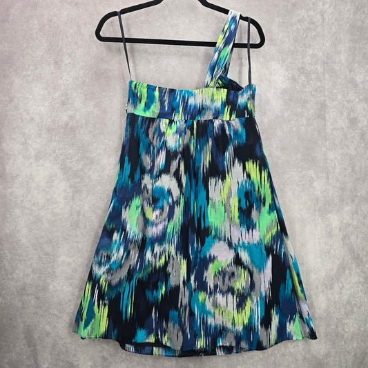 Ann Taylor Blue Green Thick One Shoulder Mini Midi Flare Abstract Dress XS 2