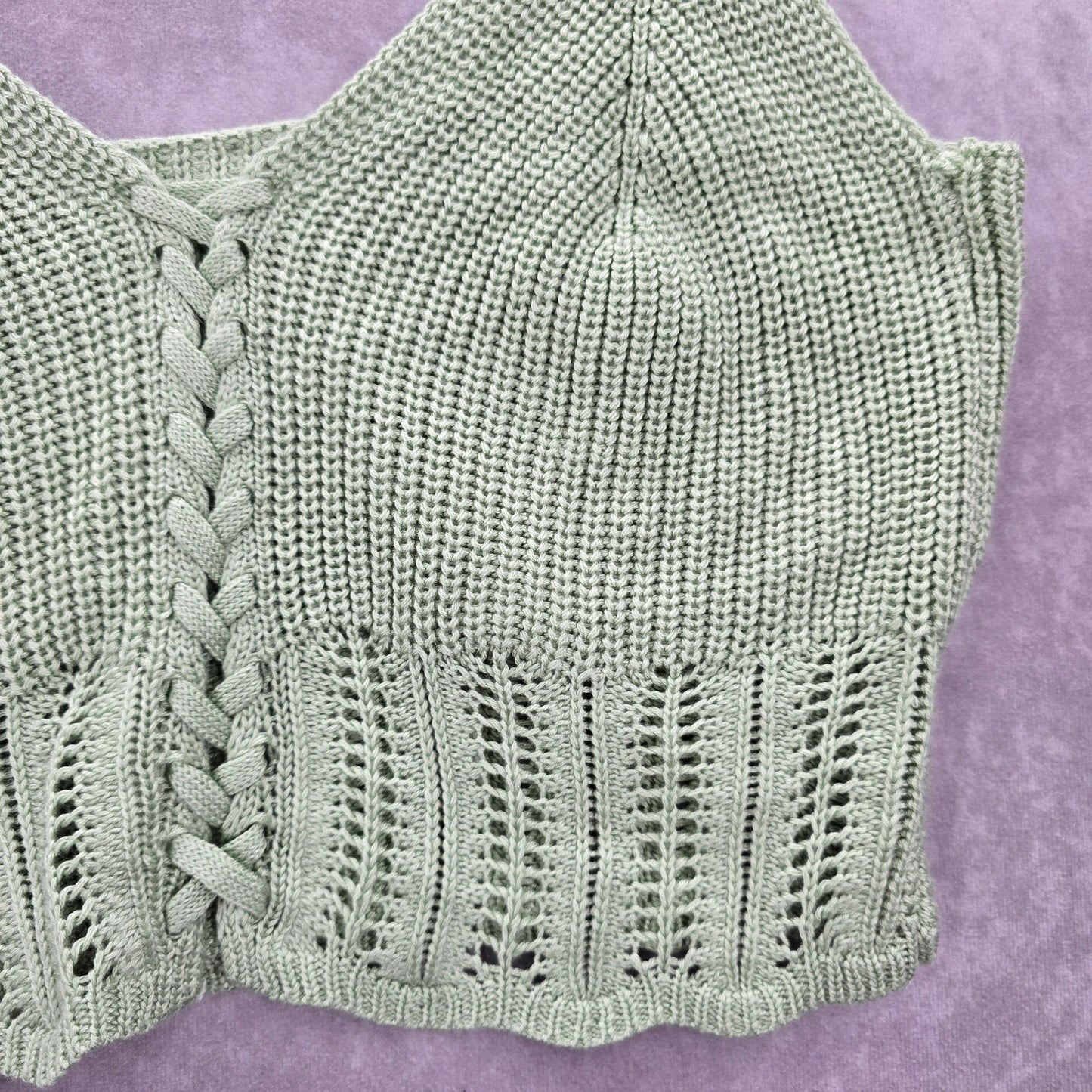 Green Crochet Knit Boho Sleeveless Cropped Tank Vintage Y2K Top S Small