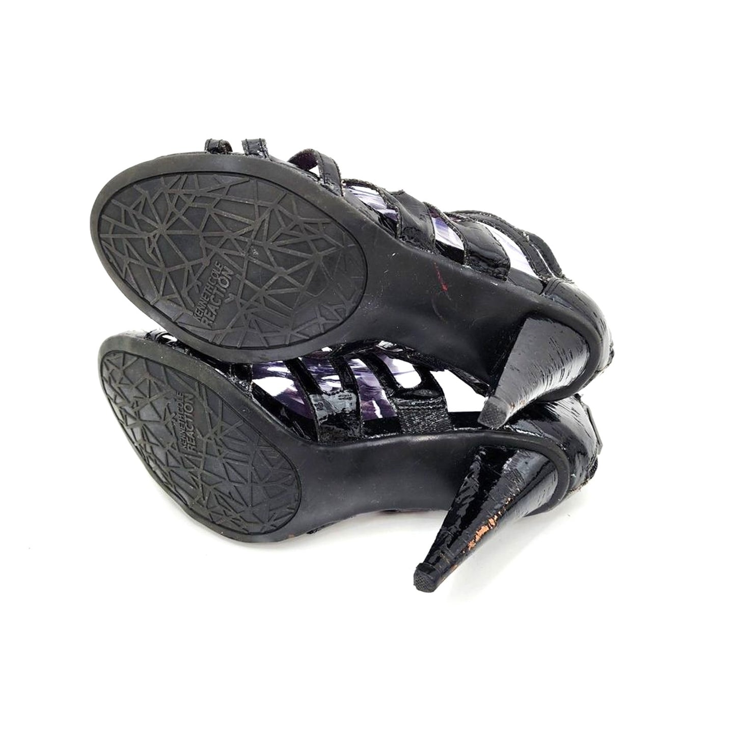 Kenneth Cole Reaction Black Patent Cage Slide In Open Toe Zip Up Heels Size 7.5