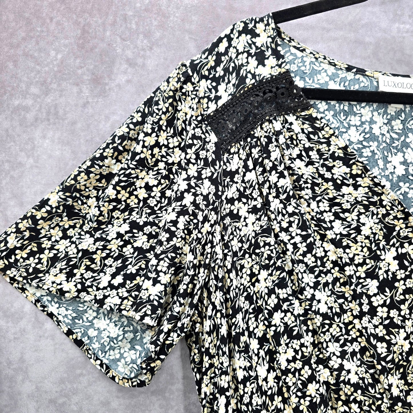 Luxology Black White Floral Flare V Neck Midi Short Sleeve Lace Dress Plus 3XL