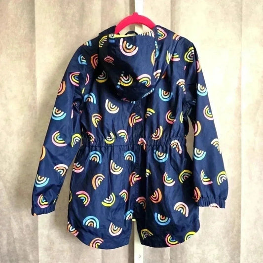Cat & Jack Blue Green Zip Up Rainbow Hood Raincoat Coat Jacket Girls XS 4/5