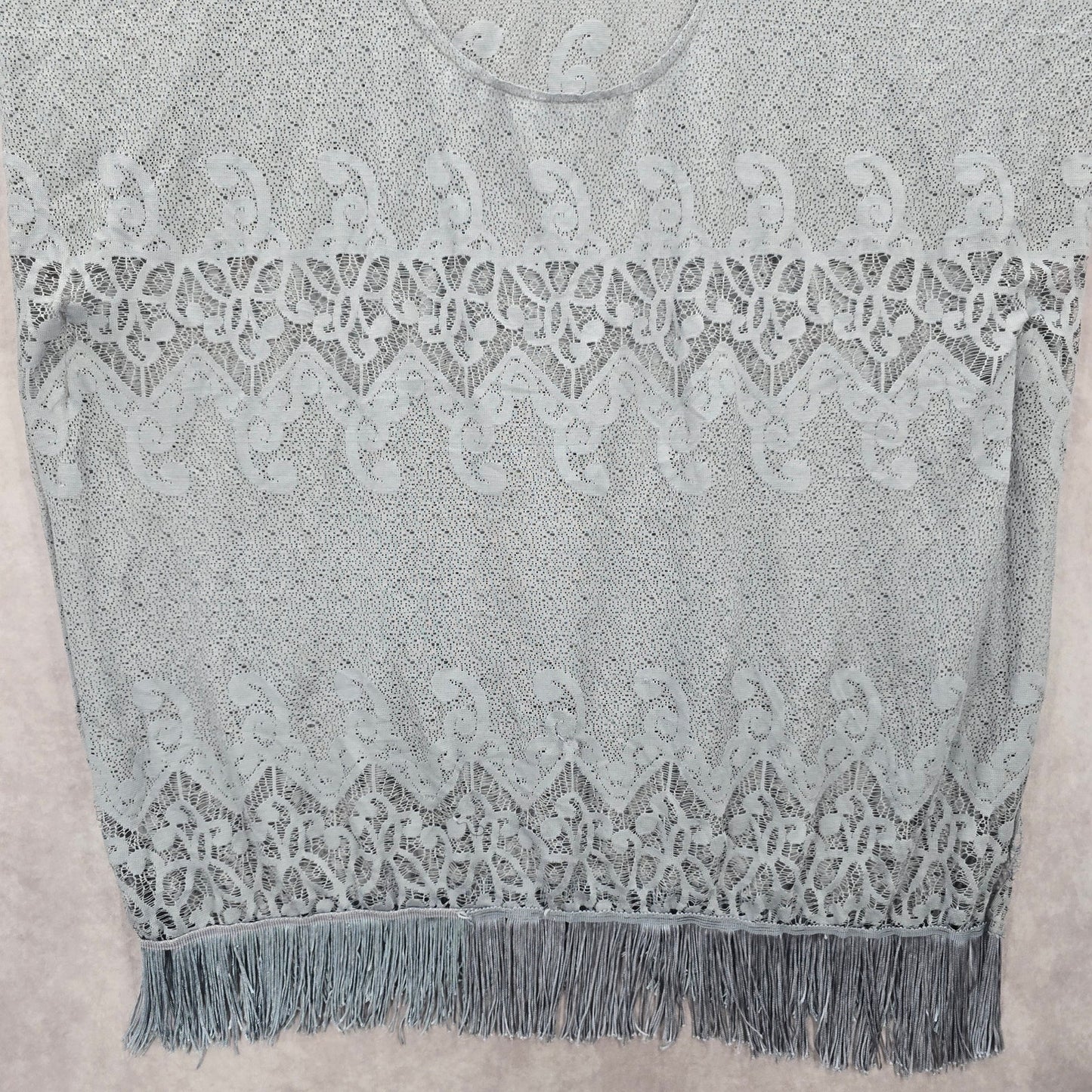 Arianna by Howards Gray Lace Fringe Boho Beach Swim Cover Up Duster Kimono XL