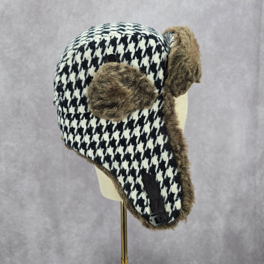 Mudd Black Aviator Trapper Fux Houndstooth Earmuff Buckle Pilot Cap Bucket Hat