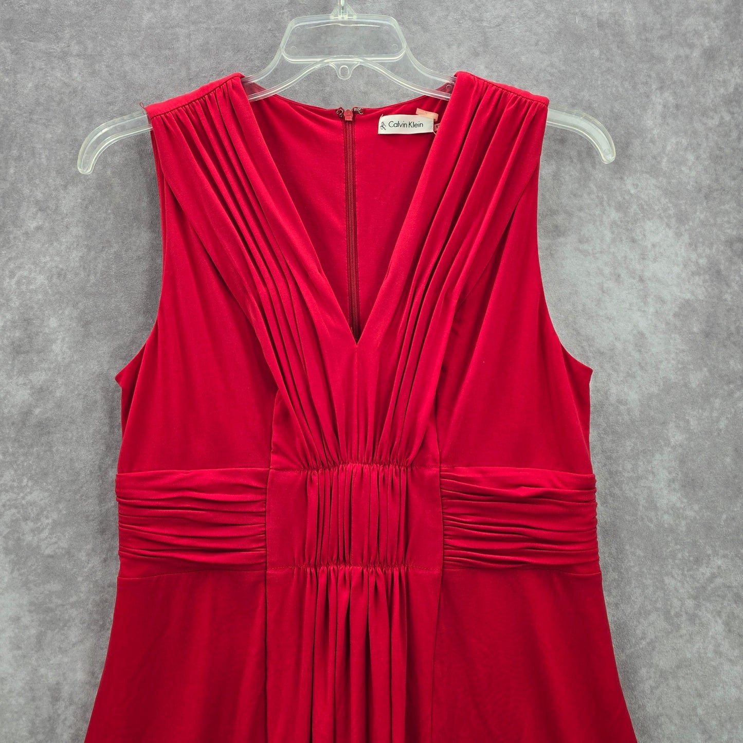 Calvin Klein Red Knee Length Pleat Sleeveless Fit Flare Formal Party Dress 12