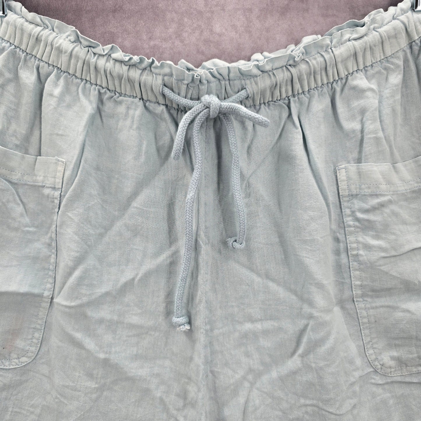 Wonderly Blue Pullon Ruffle Linen Relaxed Pants Shorts Plus 2X