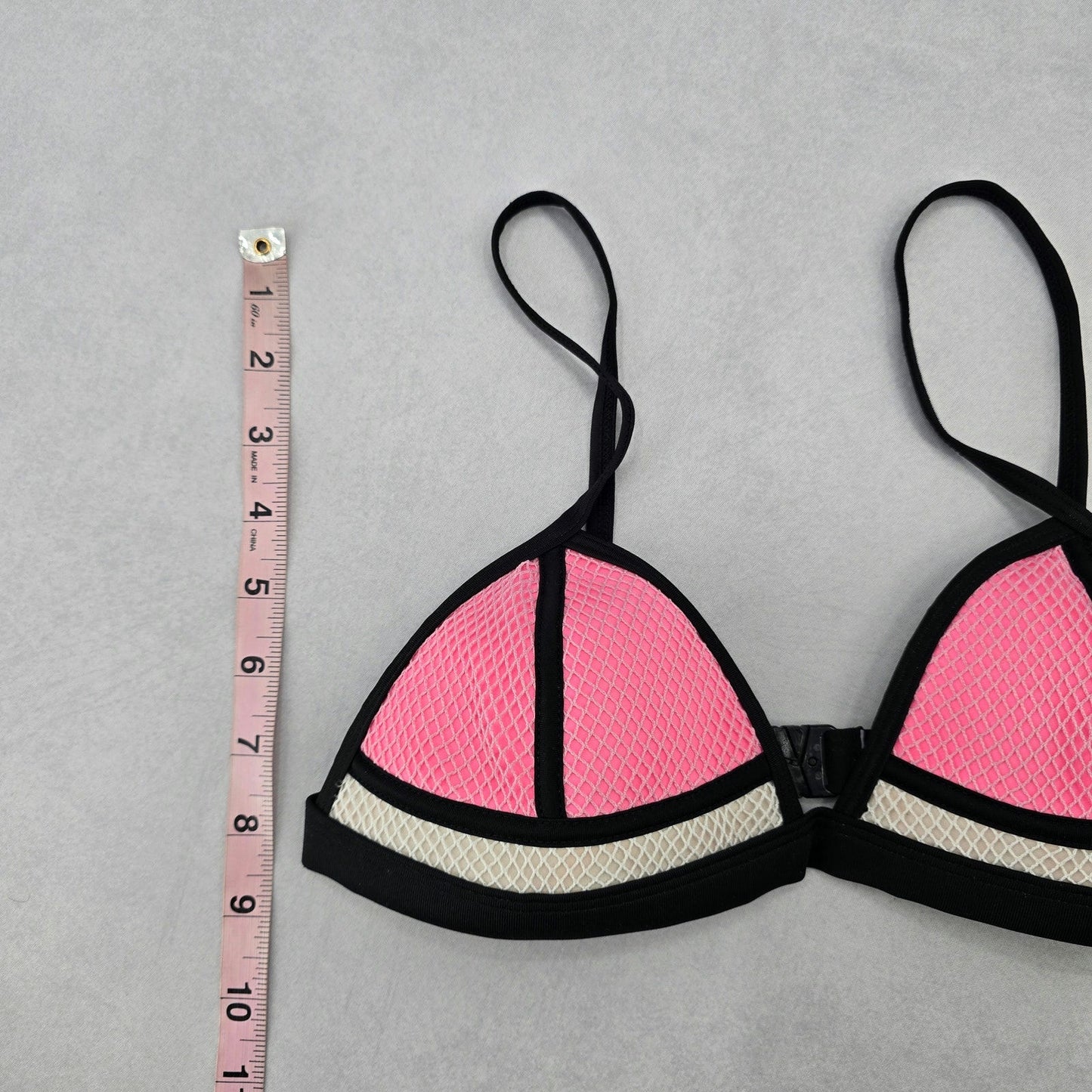 Black Pink Mesh Boho Triangle Padded Swim Sports Bra Beach Bikini Top M Medium