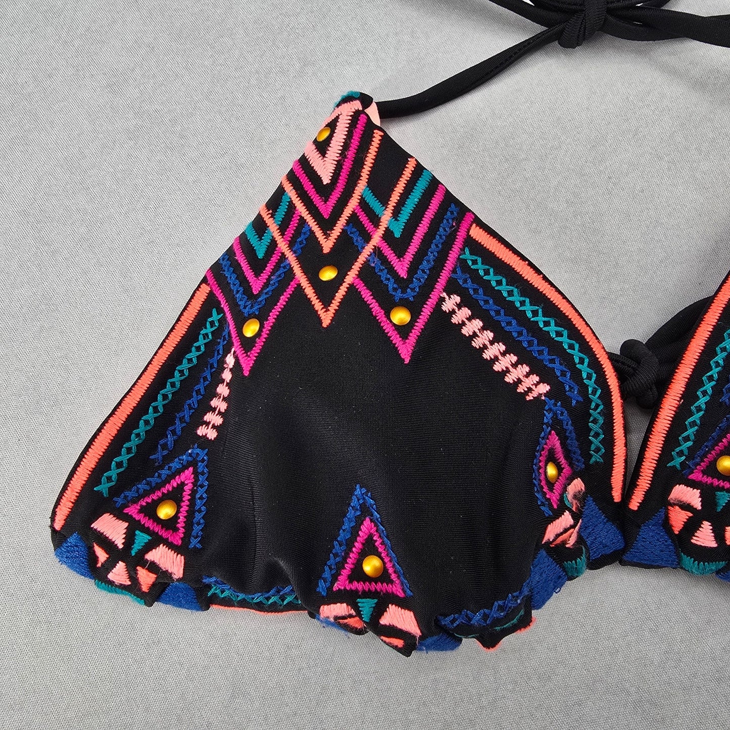 Black Embroidered Stud Padded Tie Beach Sports Bikini Bralette Swim Top S Small
