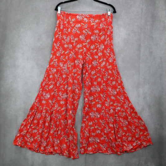 Forever 21 Red Floral Wide Leg Boho Pull On Straight Leg Trousers Pant M Medium