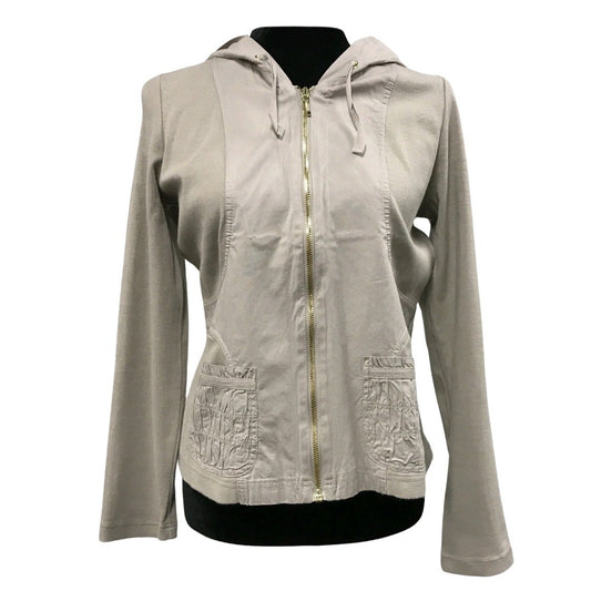 Woven French Beige Zip Hooded Cotton Crinkle Zenergy by Chico's Jacket 1 Medium