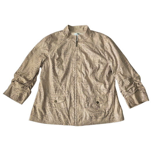 Chico's Animal Print Glam Full Zip Ruched 3/4 Sleeves Chic Cream Jacket 2 Large
