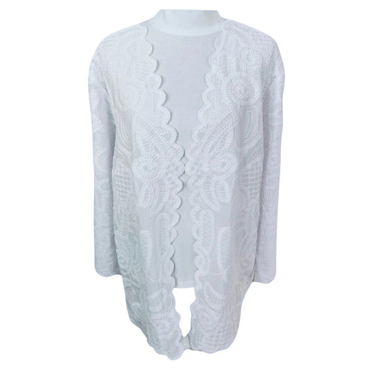 Chico's White Embroidered Scallop Resort Luxury Open Front Jacket 2 Large