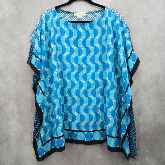 Blue Flowy 90s Y2K Beach Resort Geometric Colorful Romantic Blouse Top Plus 1X