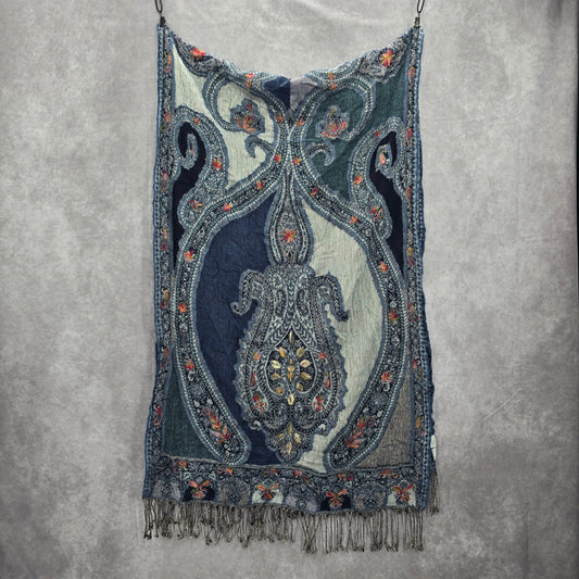 Coldwater Creek Blue Embroidered Pashmina Floral Paisley Wrap Shawl Scarf OS