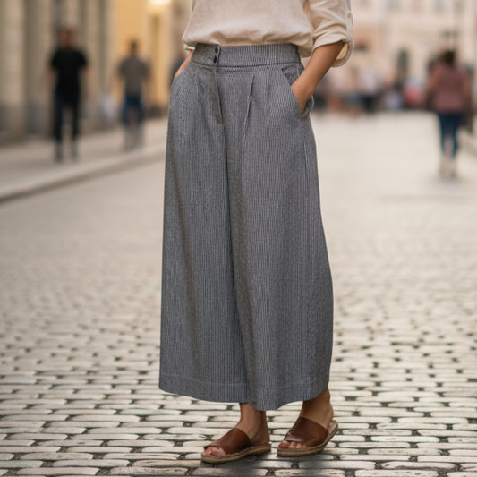 H&M Blue Stripe Wide Leg Boho Pull On Pleated Straight Preppy Trousers Pant 8