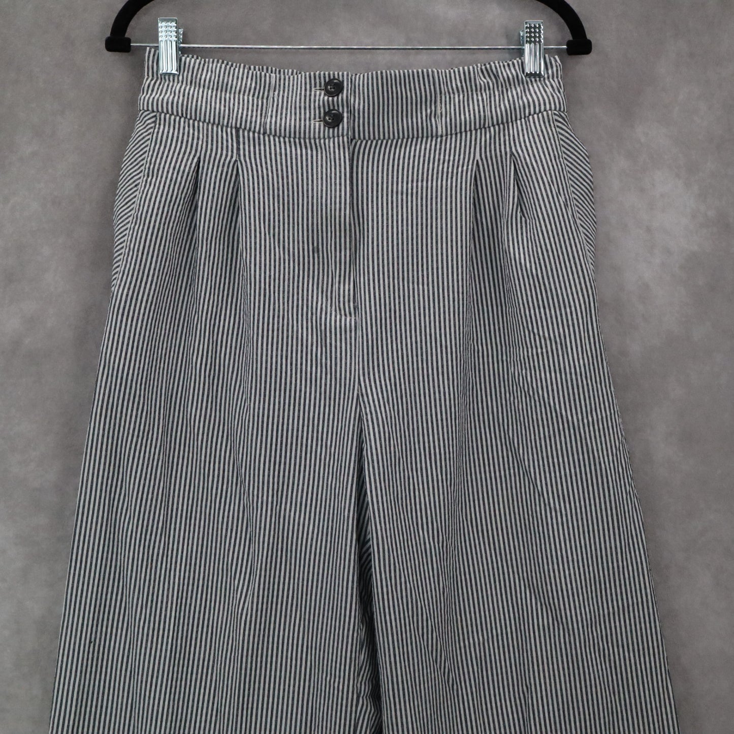 H&M Blue Stripe Wide Leg Boho Pull On Pleated Straight Preppy Trousers Pant 8