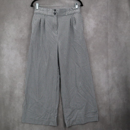 H&M Blue Stripe Wide Leg Boho Pull On Pleated Straight Preppy Trousers Pant 8