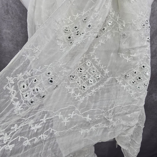 White Glass Embroidered Cottage Fairy Oversized Whimsy Boho Floral Scarf Wrap OS