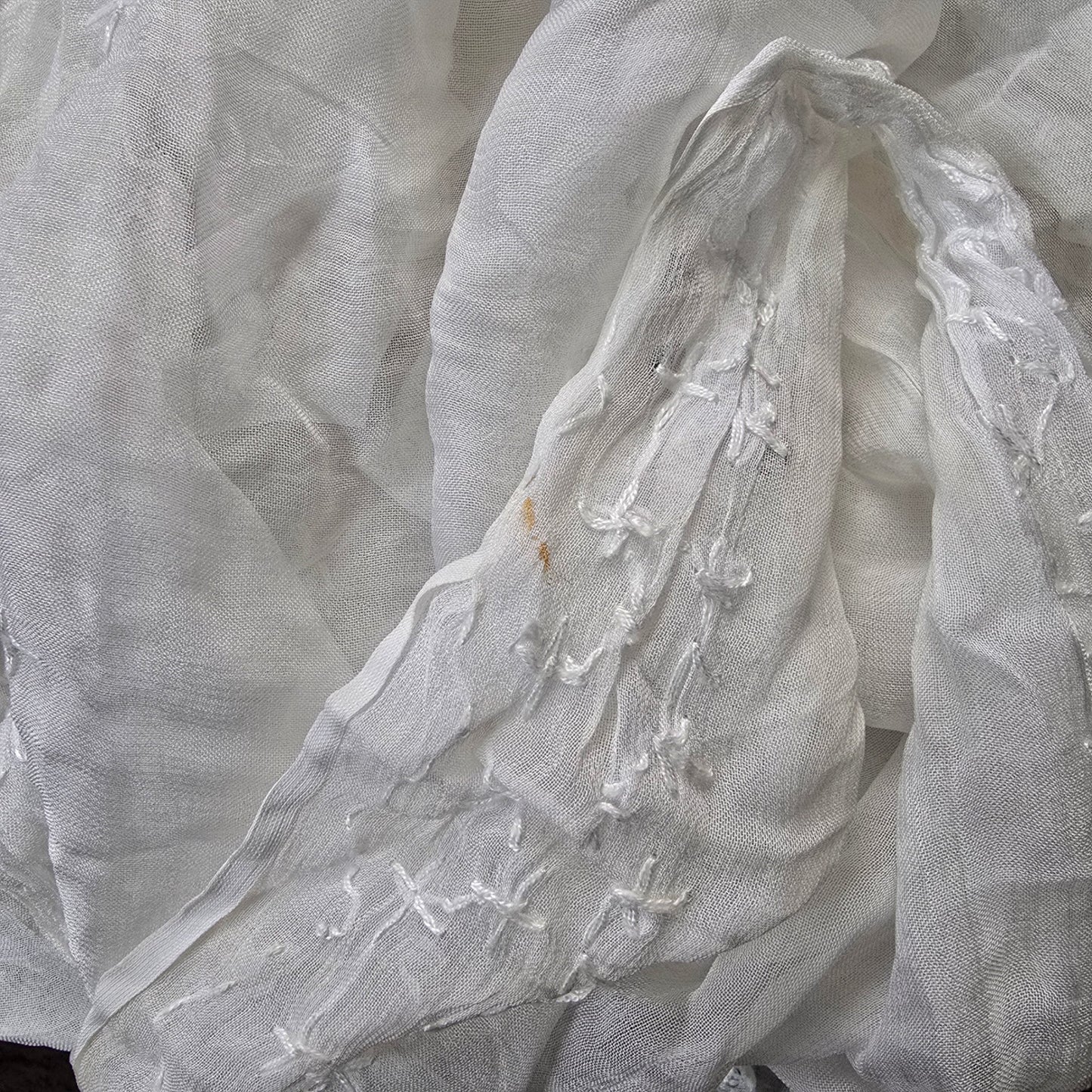 White Glass Embroidered Cottage Fairy Oversized Whimsy Boho Floral Scarf Wrap OS