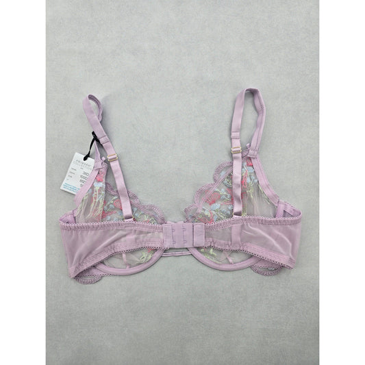 Primark Lavender Lace Embroidered Floral Fairy Whimsy Coquette Bow Wired Bra 38D