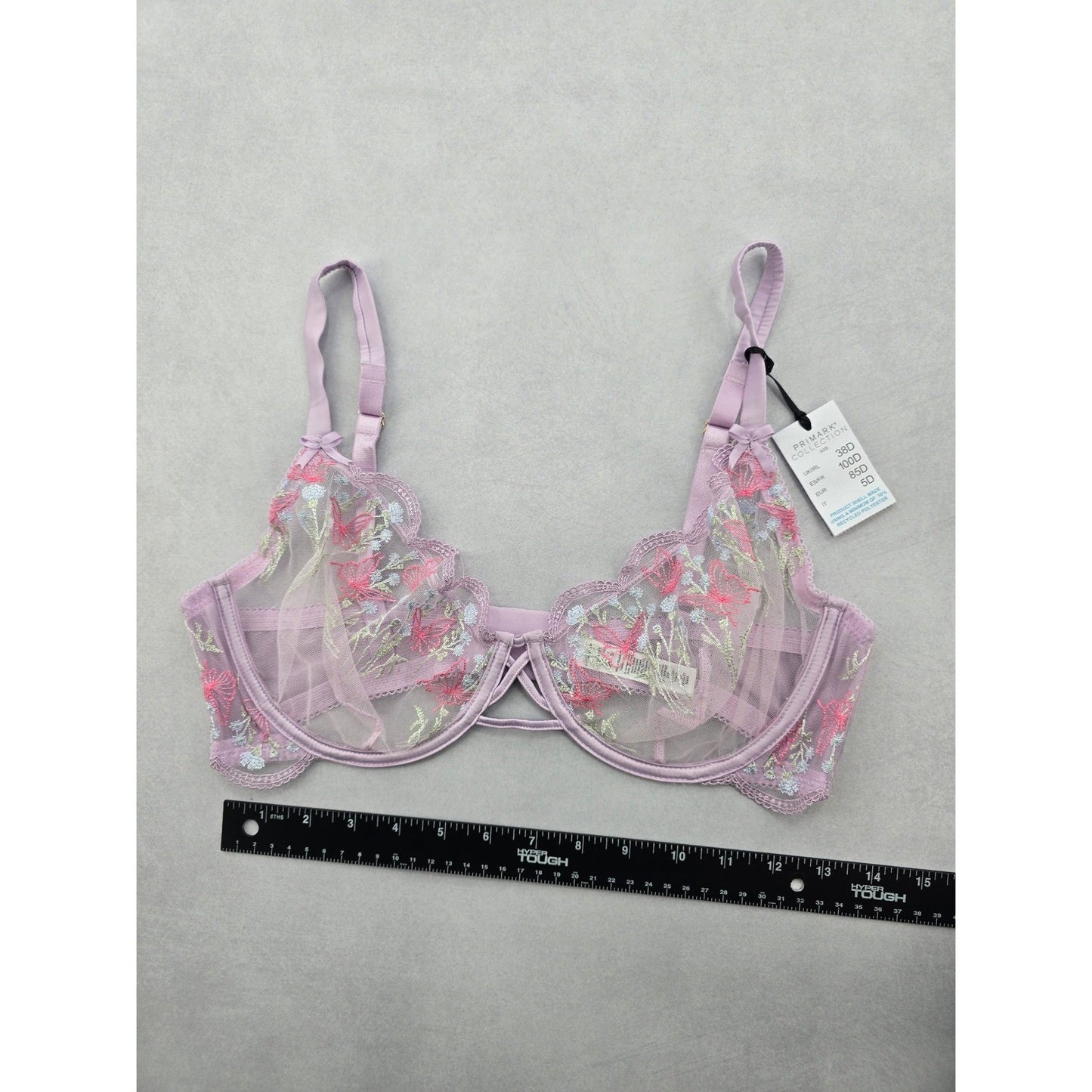 Primark Lavender Lace Embroidered Floral Fairy Whimsy Coquette Bow Wired Bra 38D