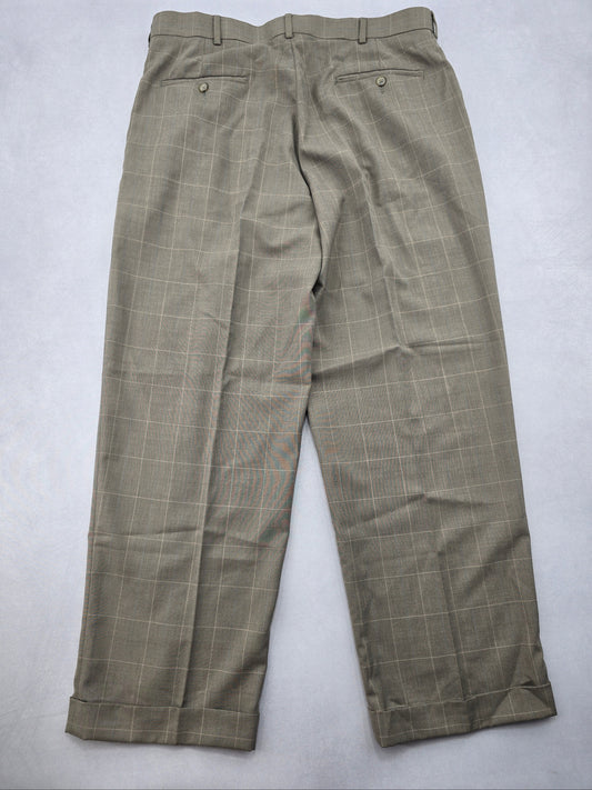 Tan Plaid Straight Leg Pleated George Work Utility Formal Dress Pants Mens 36x30