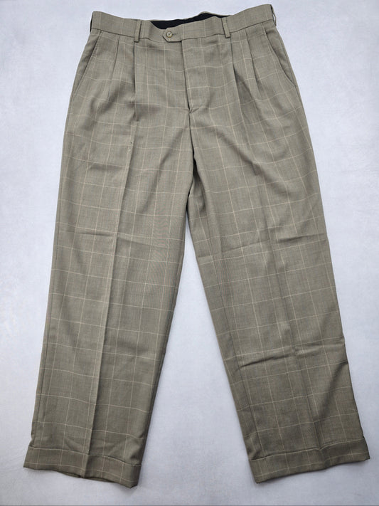 Tan Plaid Straight Leg Pleated George Work Utility Formal Dress Pants Mens 36x30