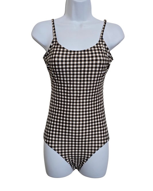 Brown Plaid Checkered One Piece Swimsuit Beach Resort Vacation Janela Bay XS
