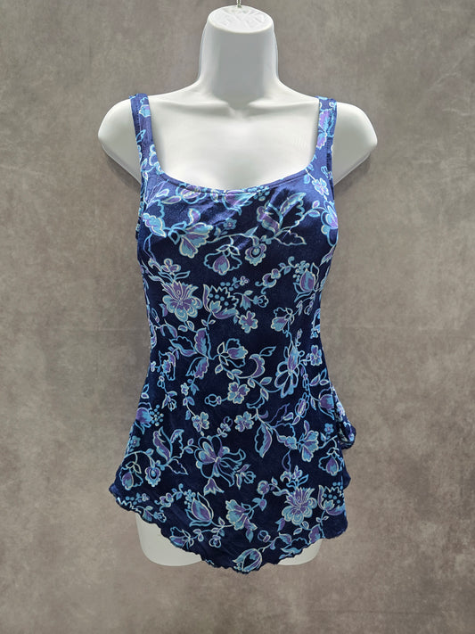 Maxine of Hollywood Blue Floral One Piece Swimsuit Beach Vacation Large