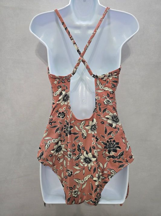 Kona Sol Pink 90s Floral Beach Vacation Boho Resort One Piece Swimsuit Large