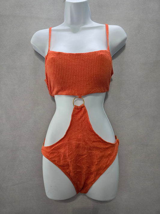 Orange One Piece Sexy Resort Beach Vacation 90s Textured Swimsuit Sexy Large