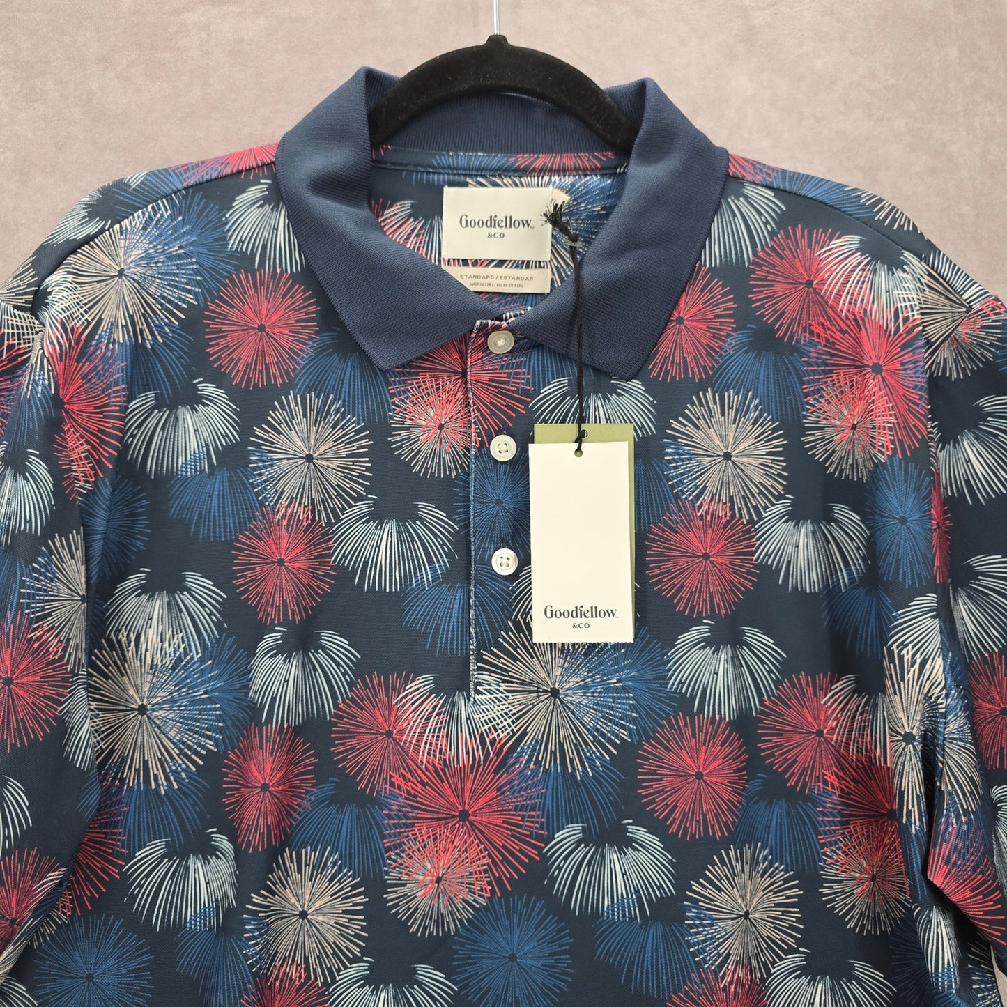Goodfellow & Co Polo Shirt Mens Blue Pink Fireworks Active Short Sleeve XL