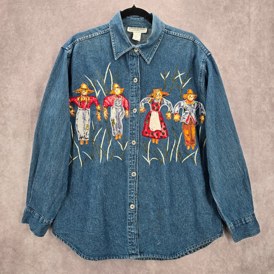 DressBarn Blue Embroidered Scarecrows VTG Button Y2K Cotton Denim Shirt L Large