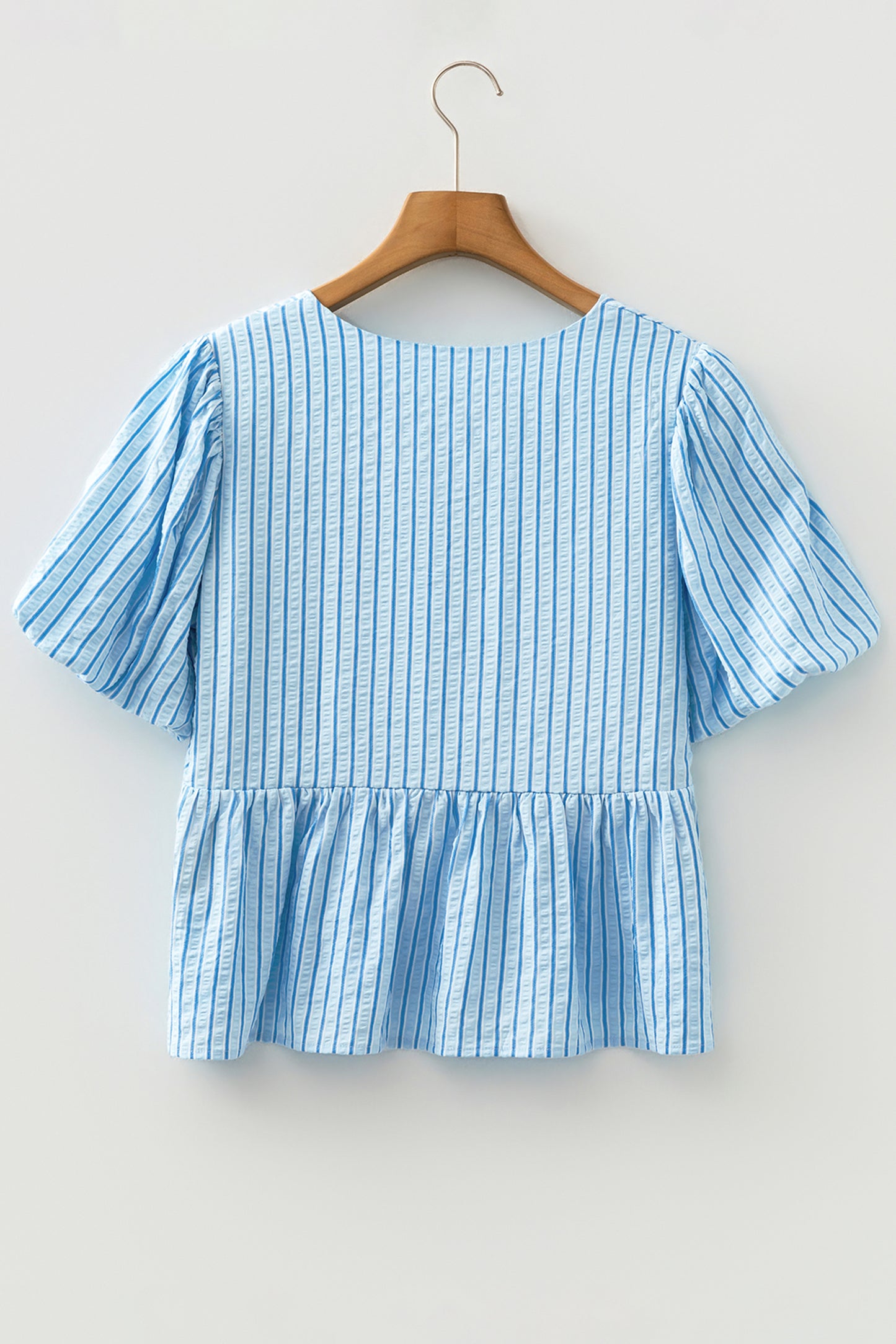 Sky Blue Stripe Bow Knot Textured Short Puff Sleeve Babydoll Blouse
