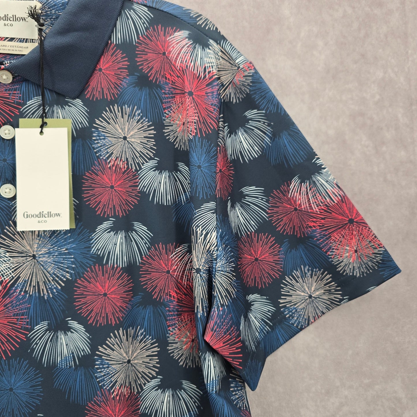 Goodfellow & Co Polo Shirt Mens Blue Pink Fireworks Active Short Sleeve XL
