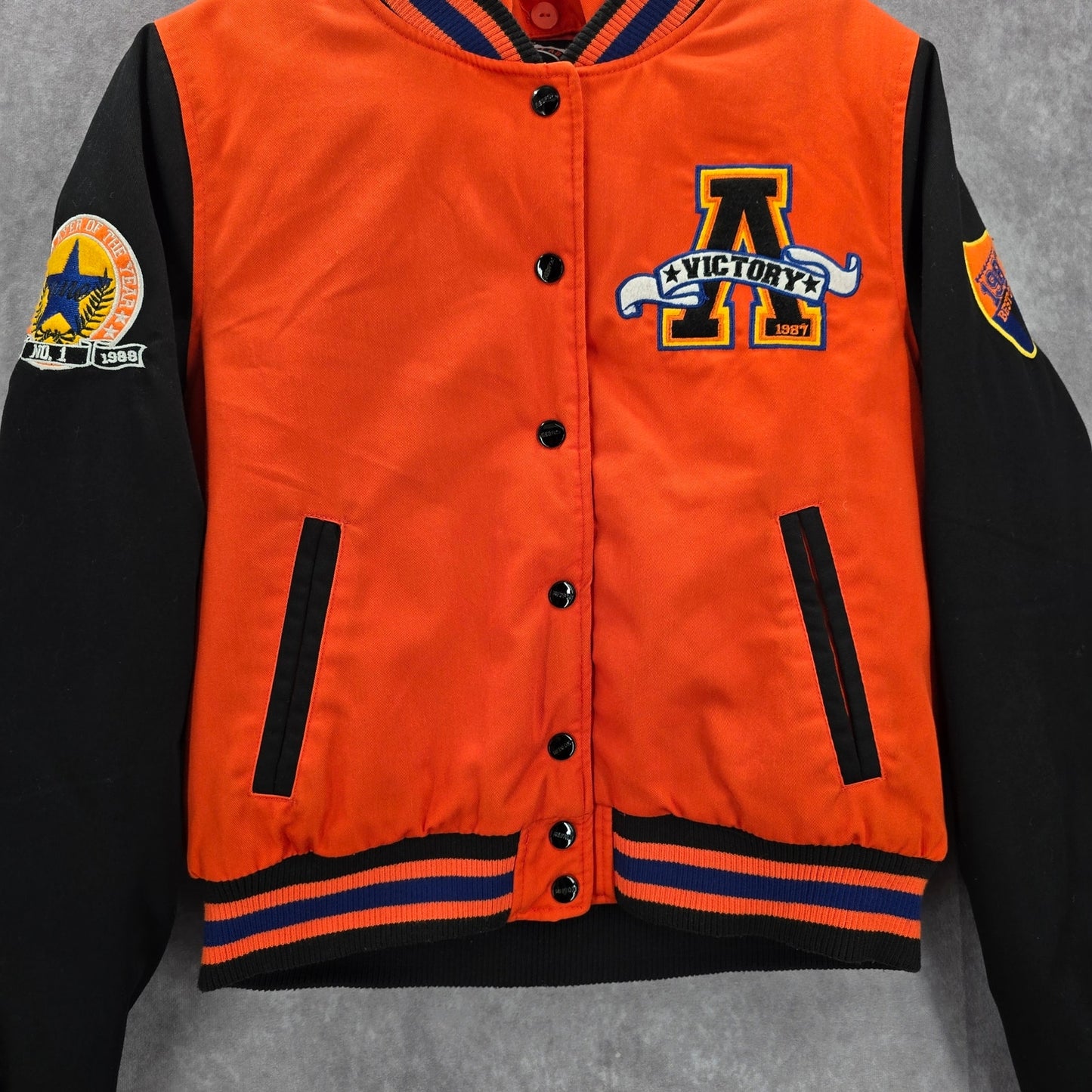 Red Fox Orange Black Varsity Puffer Hood Vintage Y2K Bomber Jacket Coat Medium M