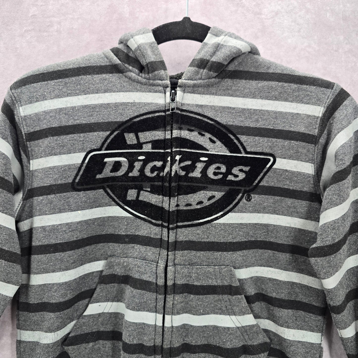 Dickies Gray Black Stripes Fleece Hoodie Full Zip Jacket Coat VTG Y2K Large L 7