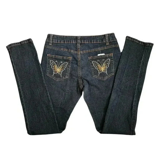 Boayo Blue Skinny Pants Denim Bottoms Butterfly Embroidered Jeans Size 9/10