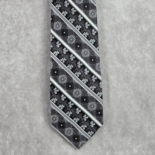 Beau Brummel Black Silver Gray Floral Stripe Silk Executive Neck Tie Men's