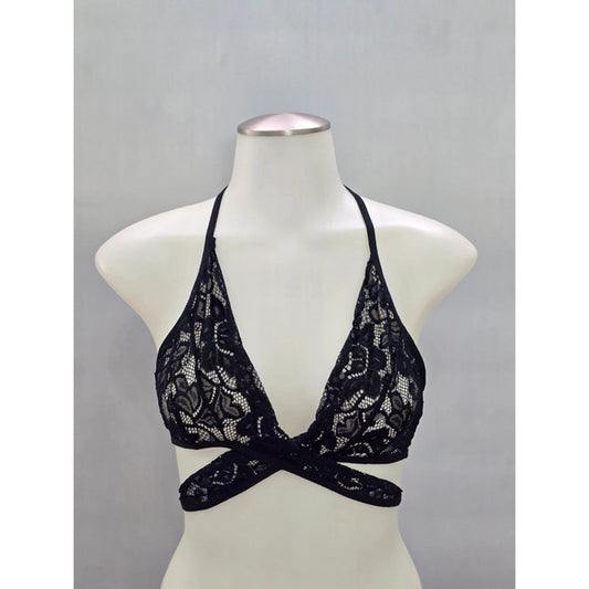 Black Lace Whimsygoth Dark Romance Tie Sheer Wrap Bralette Medium