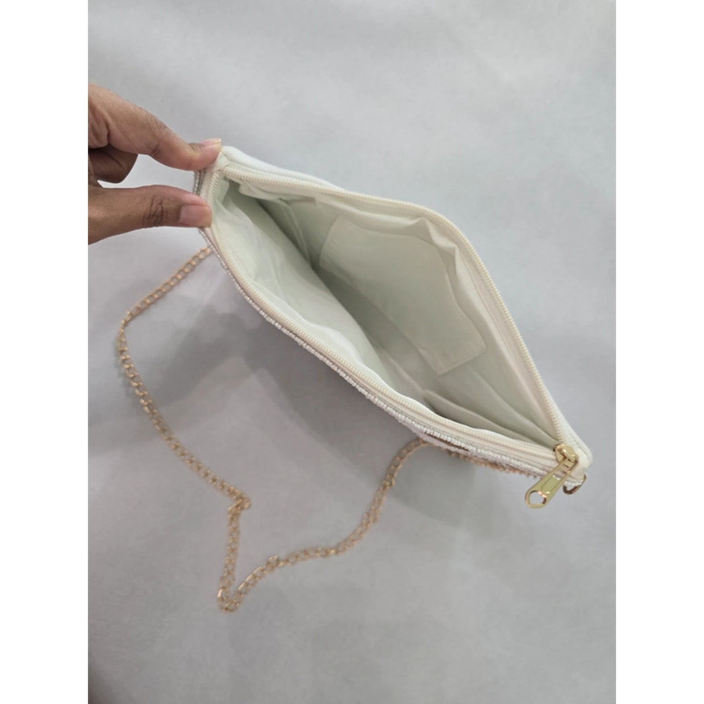 Camp Ozark Beaded Stars White Brown Clutch Gold Chain Strap Shoulder Purse Bag