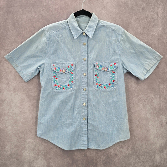Blue Button Up Floral Embroidered Short Sleeve Vintage Y2K Short Top M Medium