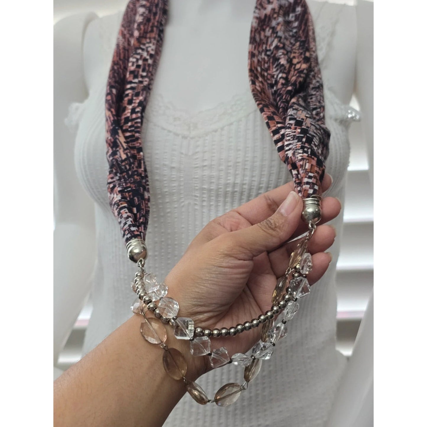 Brown Pattern Beaded Boho Fairy Cottage Infinity Scarf OSFM