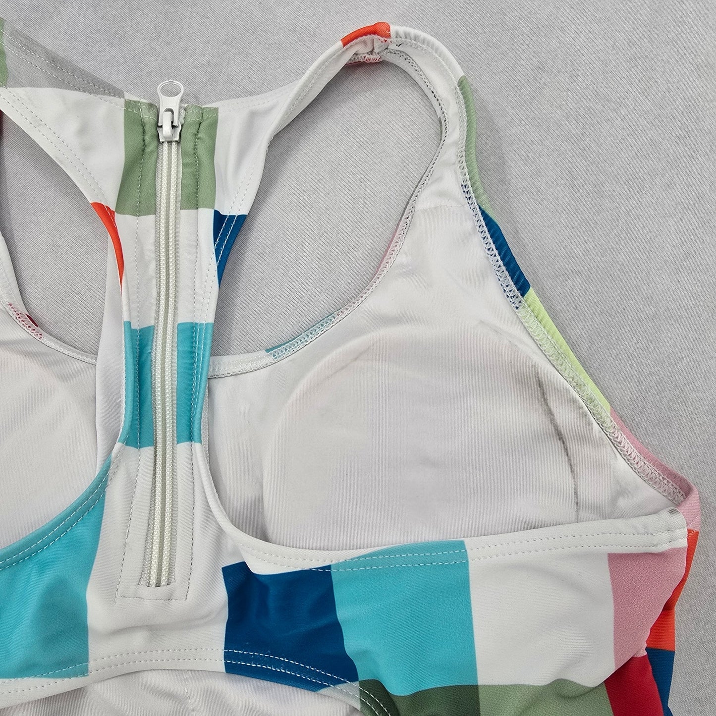 White Geometric Padded Racerback Zip Sports Bra Bikini Bralette Swim Top S Small