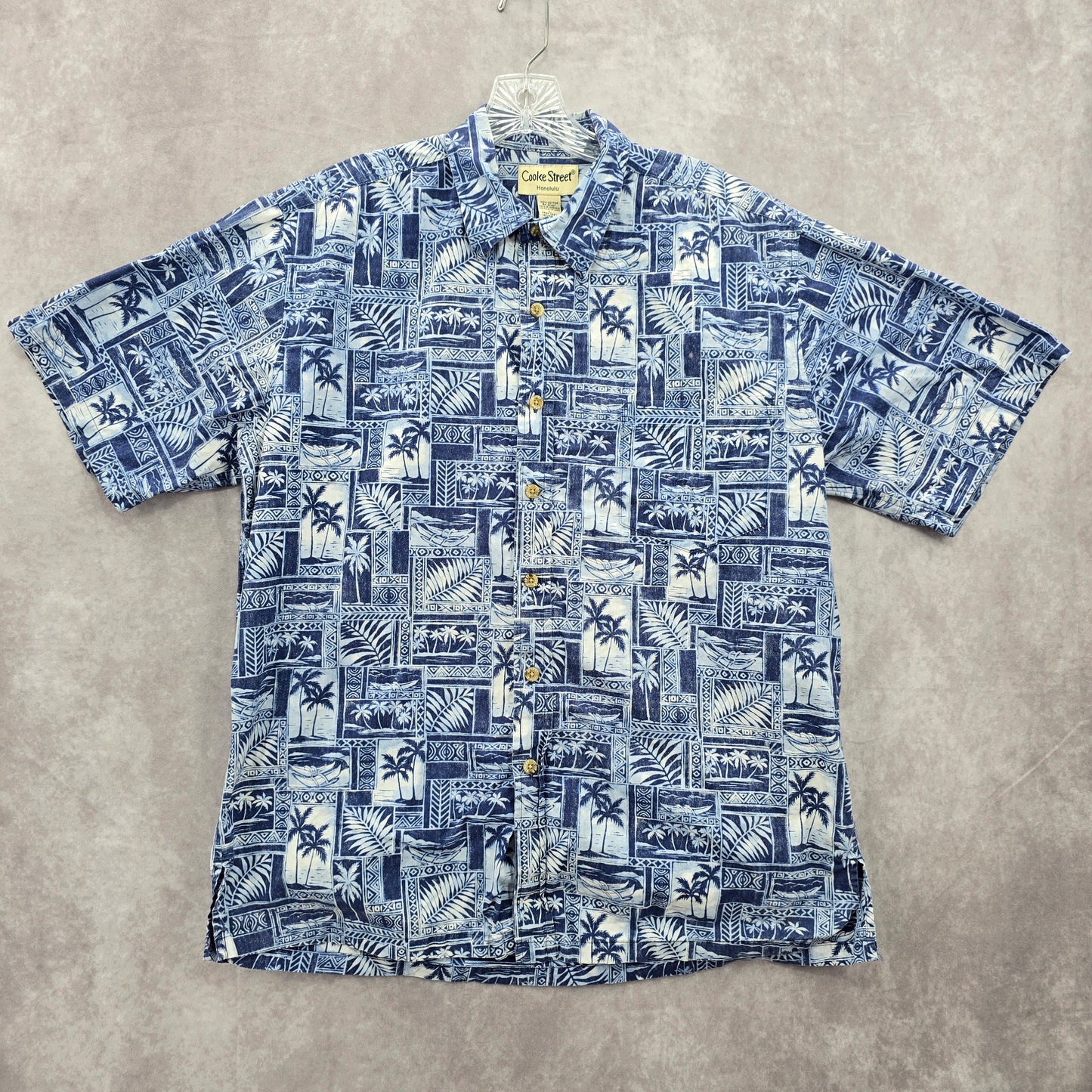 Cooke Street Blue Beach Palm Tropical Surf Island Vintage Hawaiian Shirt Large
