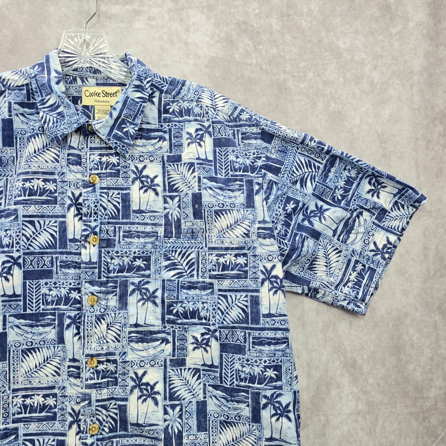 Cooke Street Blue Beach Palm Tropical Surf Island Vintage Hawaiian Shirt Large